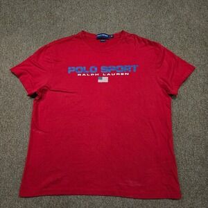 Vintage Polo Sport Ralph Lauren Shirt Mens L Red Logo US Flag Single Stitch